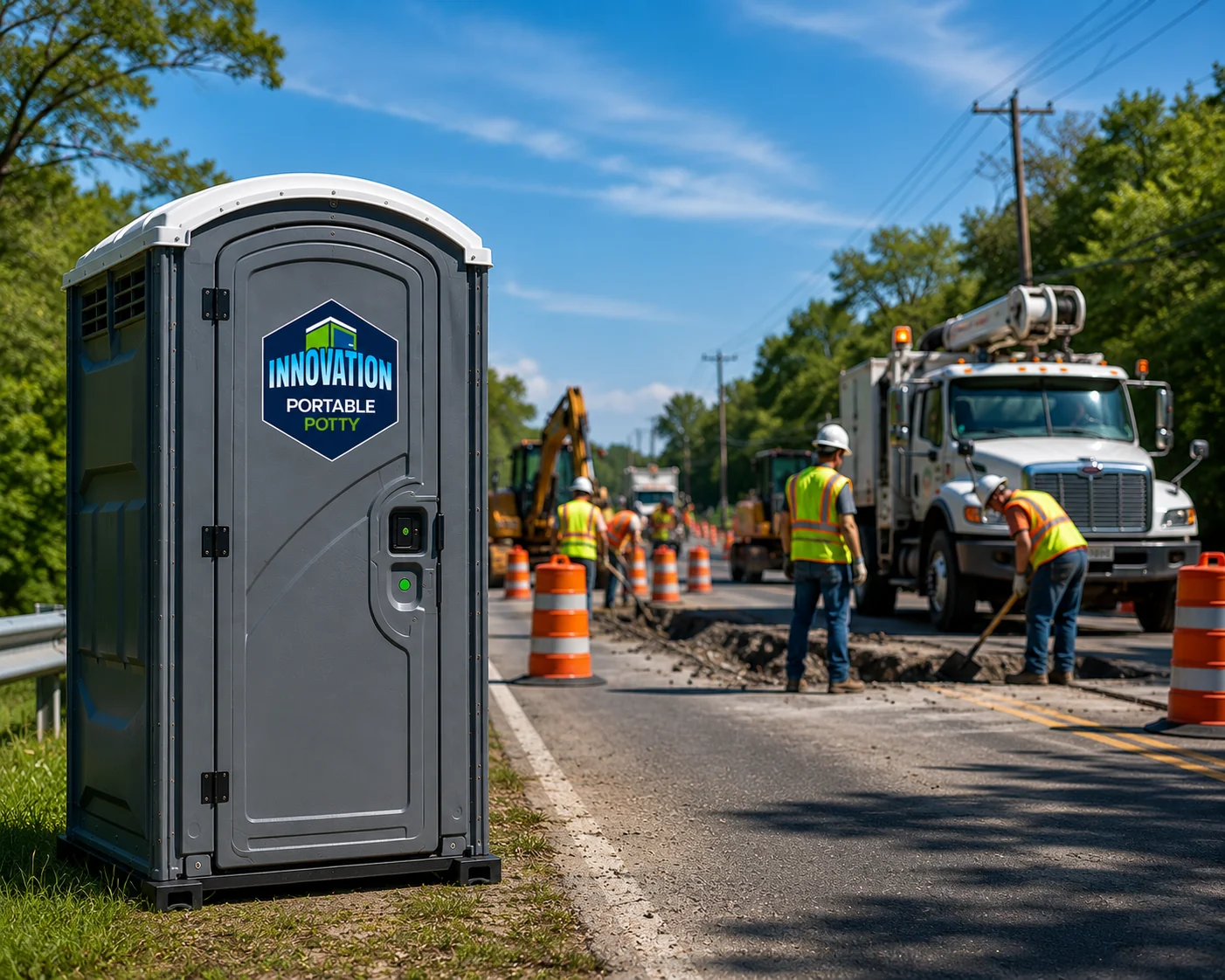 Innovation Portable Potty restroom alongside a construction crew