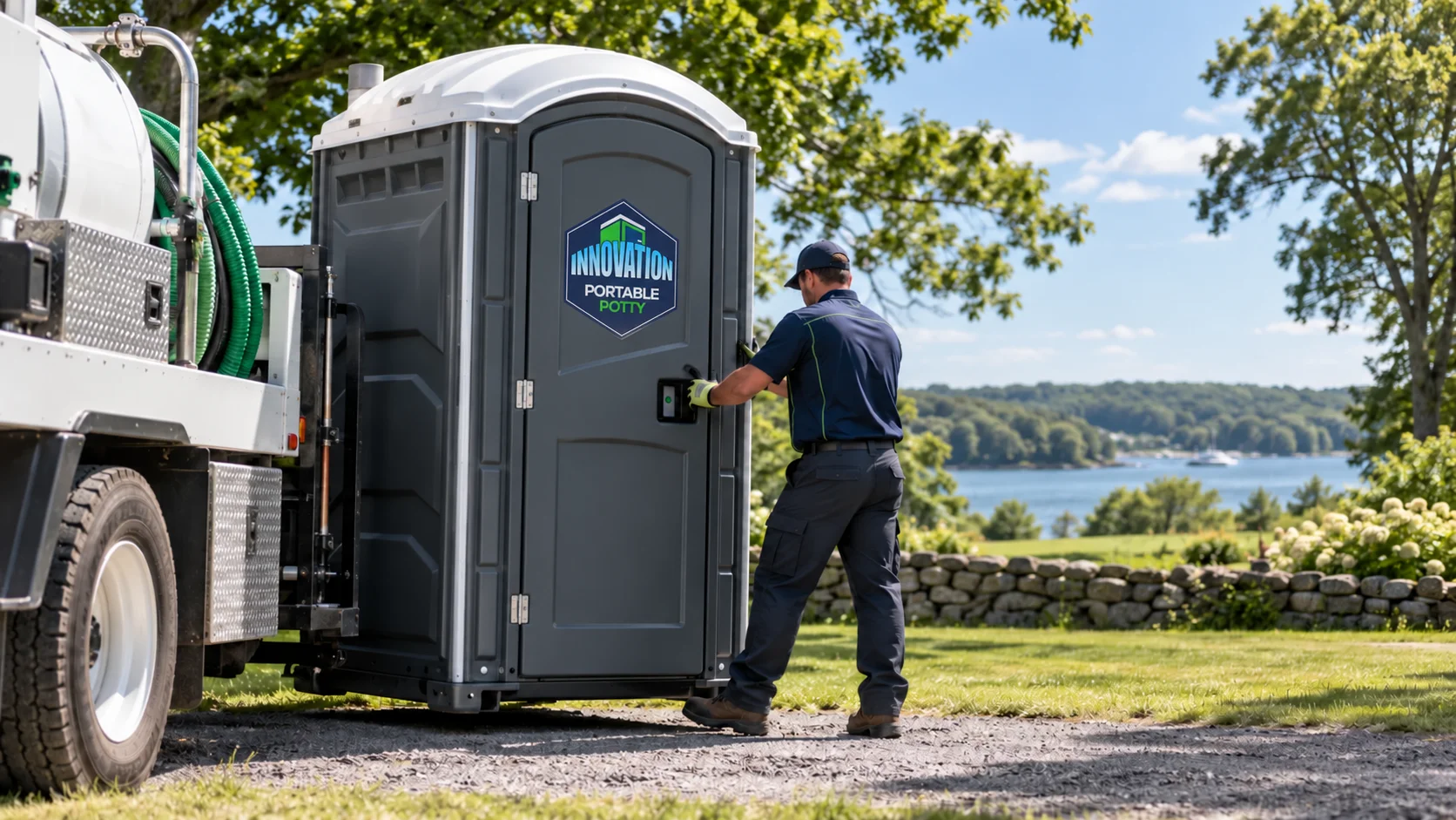A service worker positioning a branded Innovation Portable Potty restroom beside a truck