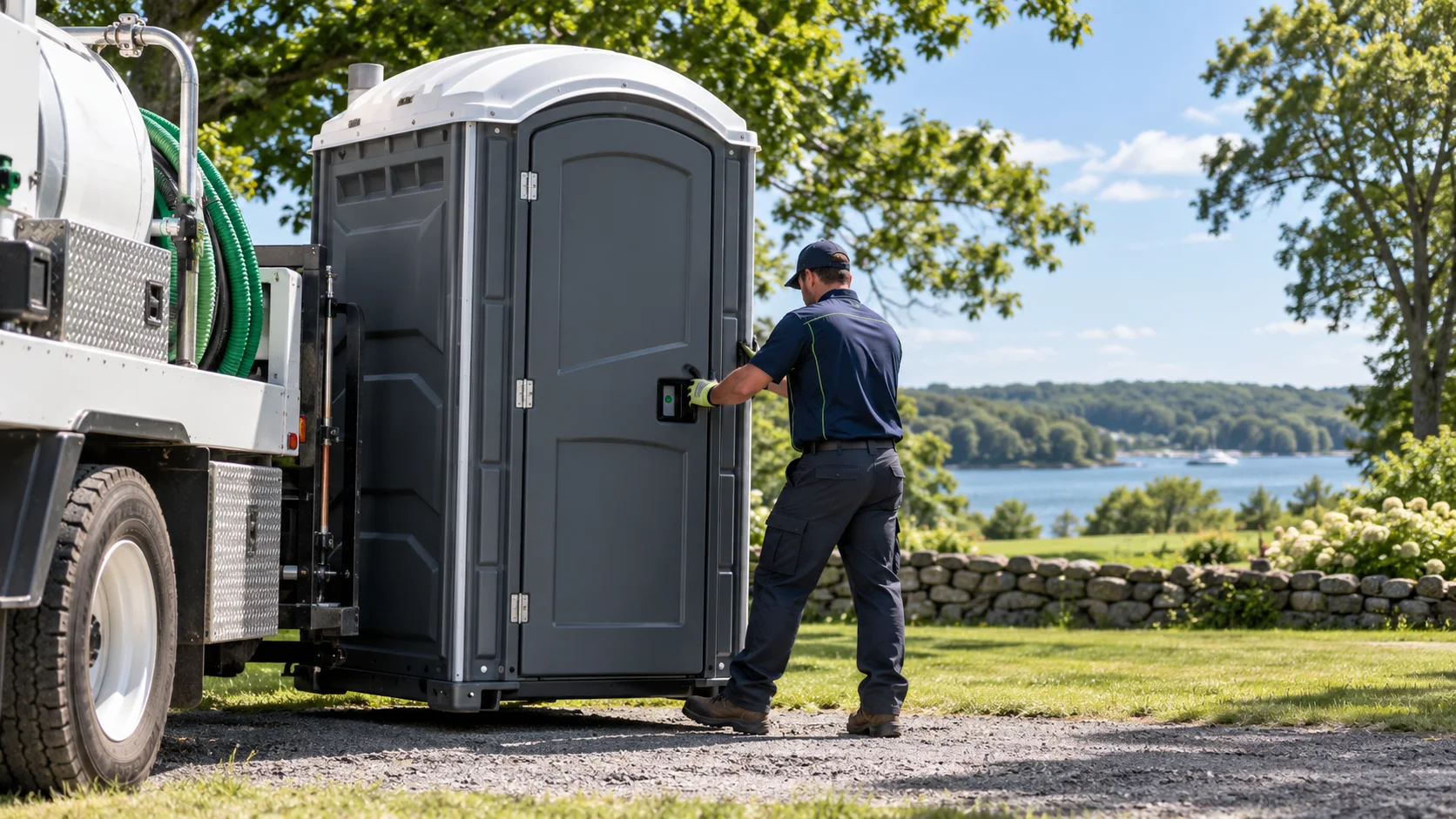 A service worker positioning a portable restroom beside a truck