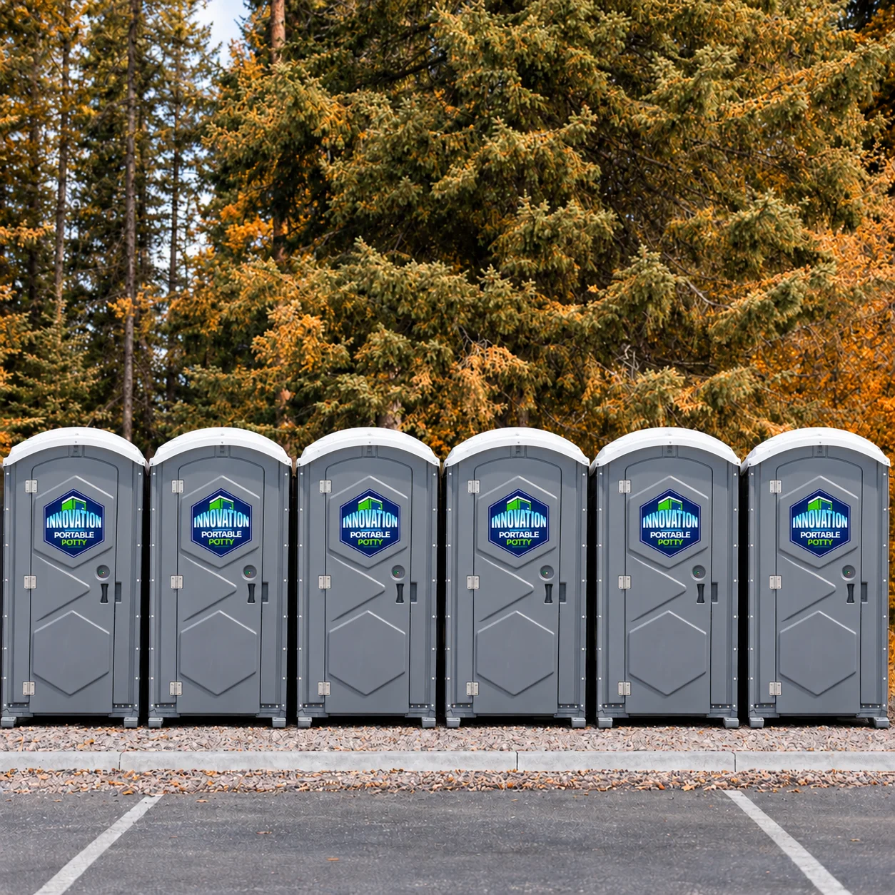 A lineup of Innovation Portable Potty restroom units
